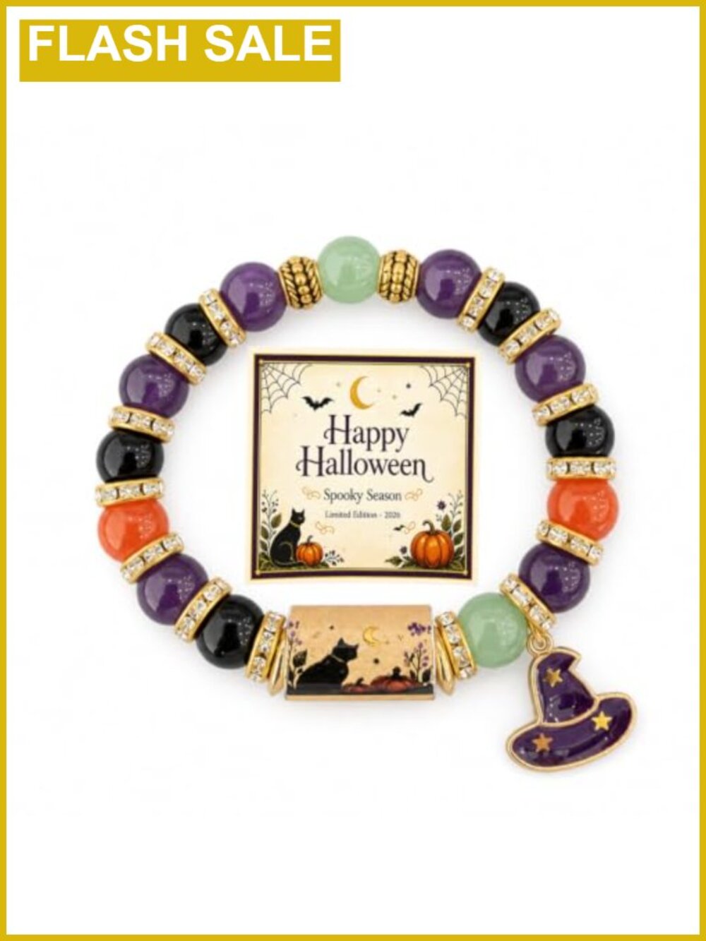 Halloween Stretch Bracelets Crystal Beaded Witch Hat Moon Charm Set